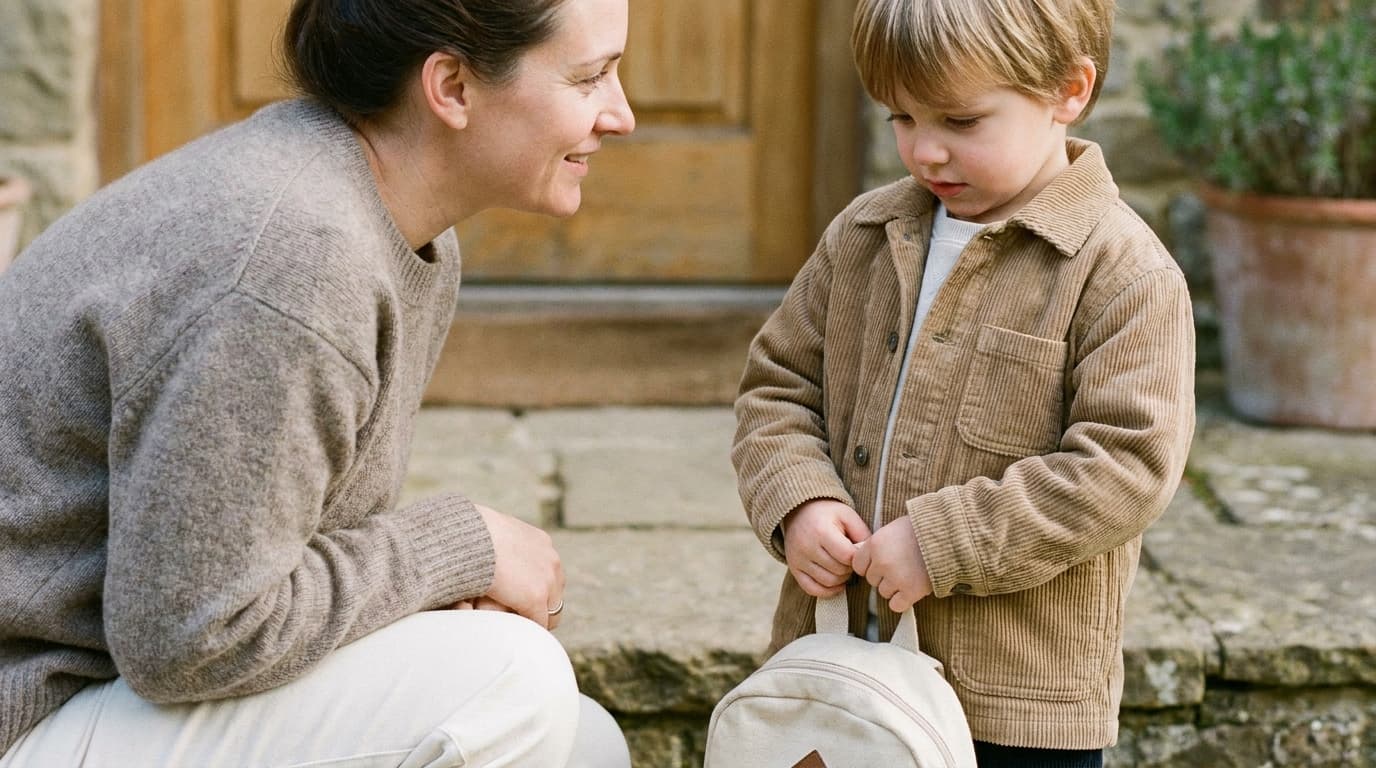 Parent rassurant un enfant inquiet avant le départ à l'école