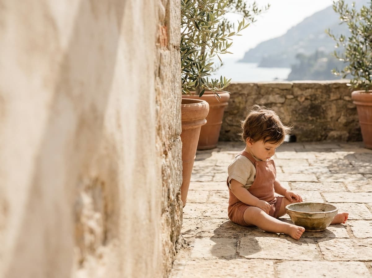 Jeune enfant assis sur une terrasse en pierre, bol posé devant lui, mer floue au fond (image générée par IA)